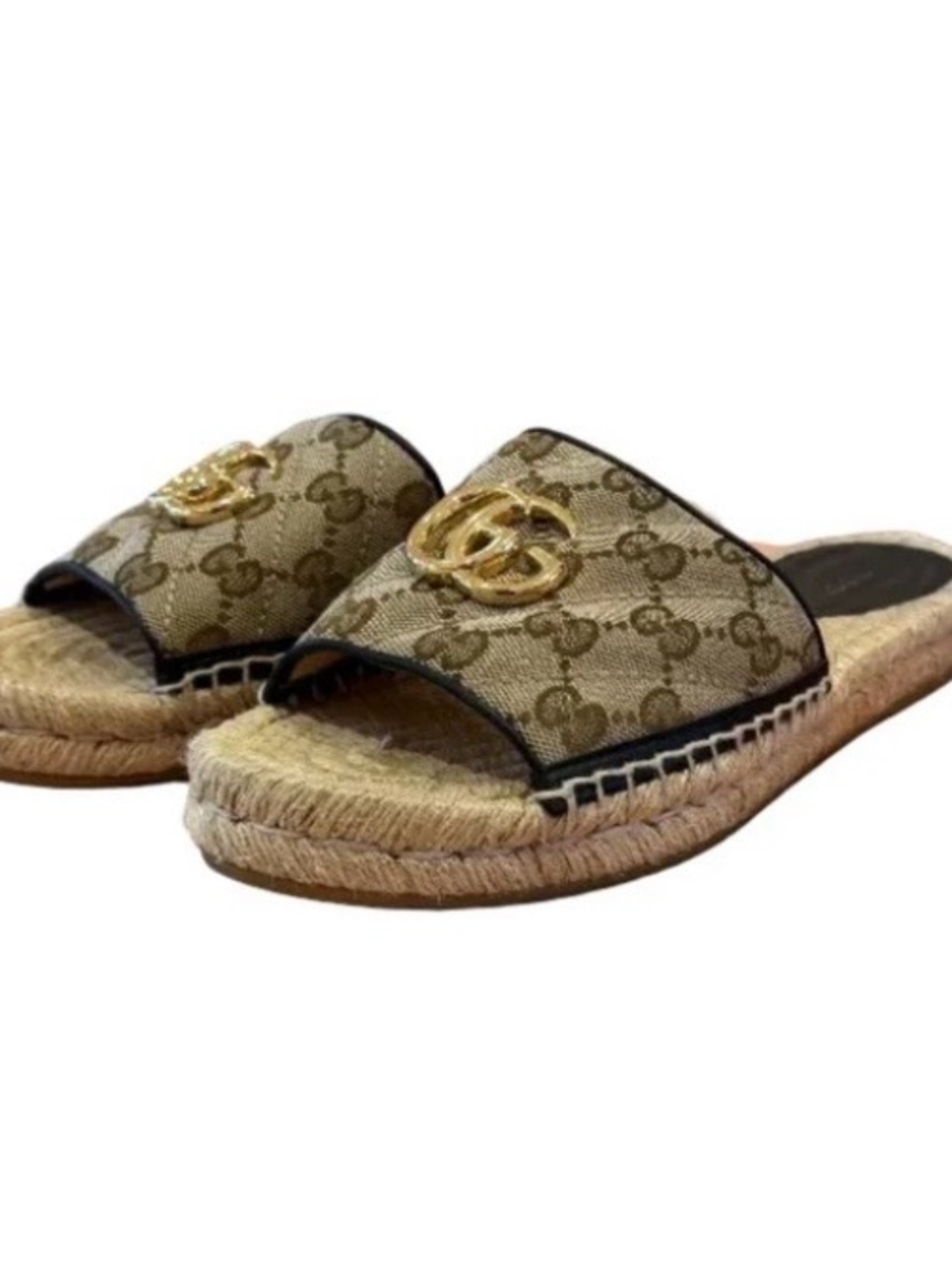Gucci Beige GG Canvas Espadrille Slide with Gold Double G